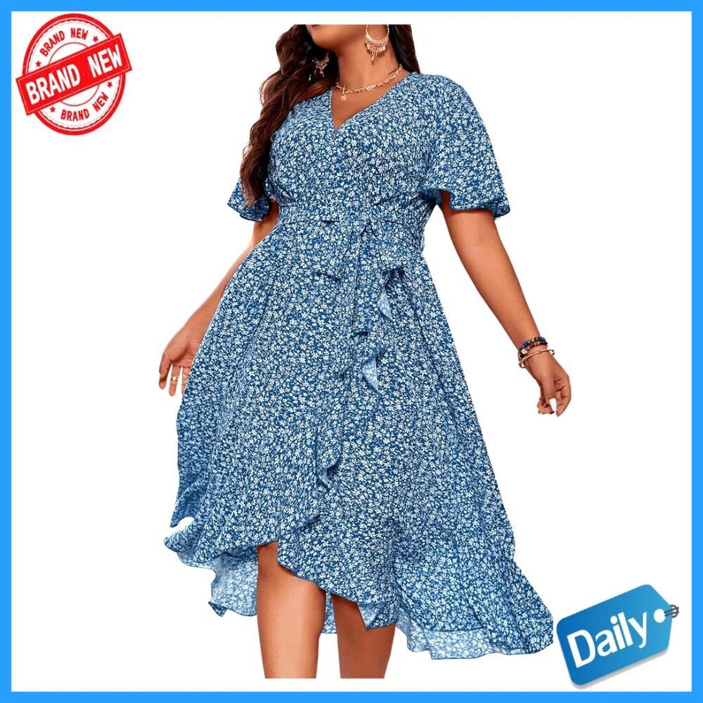 Boho Flutter Sleeve Ruffle Hem A-Line Midi Dress Plus Size Casual Summer Wear
